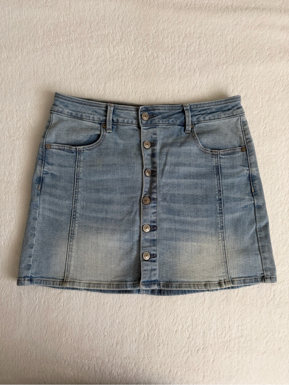 American Eagle Light Wash Denim Button-Front Mini Skirt